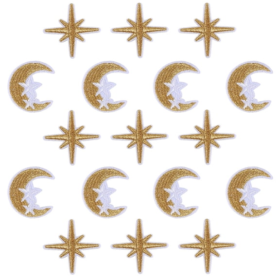 100Pcs 2 Styles Gold Star Moon Embroidered Patches Eight Pointed Stars Embroidery Iron on Patch Mixed Celestial Sew on Repair Badge Appliques Bulk