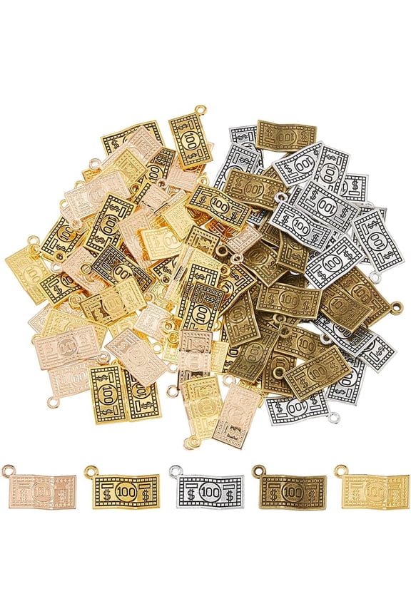 100Pcs 2 Styles Money Charms 5 Colors Silver Gold Dollars Bill Charms 100 Dollar Bill Coin Currency Alloy Charm