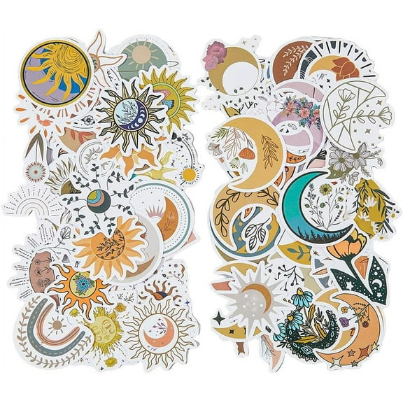 100Pcs 2 Styles Moon Boho Stickers Cartoon Sun Decal Vintage Aesthetic Stickers Art Flowers Stickers for Water Bottles Laptop Computer Guitar Luggage Mobile Phone diy Mixed Color