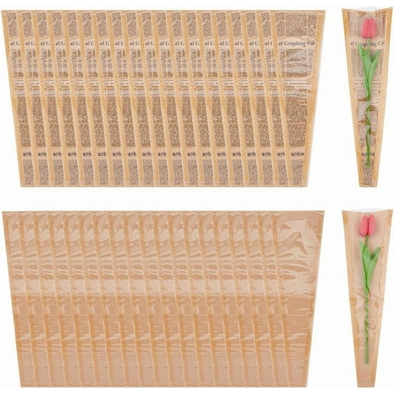 100Pcs 2 Styles Single Rose Packaging Bags Kraft Paper Flower Bouquets Wrapping Bags Single Floral Sleeve No Handle for Mother's Day Valentine's Day Wedding Party for DIY