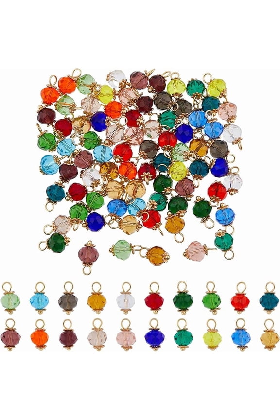 100Pcs 20 Colors Faceted Rondelle Charms Transparent Glass Charms with Golden Loop Crystal Dangle Pendants for Bracelet Necklace Earring Jewelry Making Hole:2.5mm