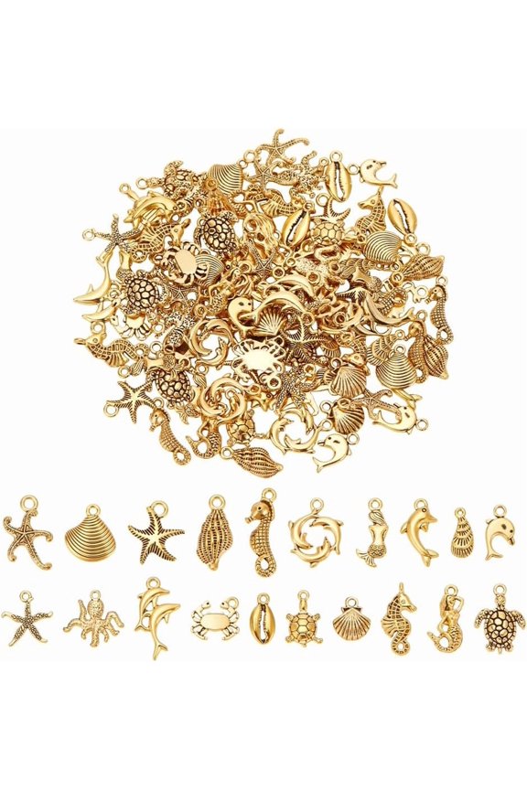 100Pcs 20 Styles Assorted Ocean Charms Set Seashells Starfish Conch Dolphin Pendant Set Tibetan Style Pendants Ocean Life Seafish Charms for DIY Making