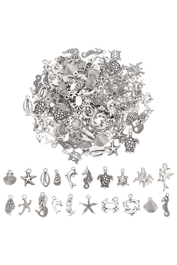 100Pcs 20 Styles Assorted Ocean Charms Set Seashells Starfish Conch Dolphin Pendant Set Tibetan Style Pendants Ocean Life Seafish CharmsDIY