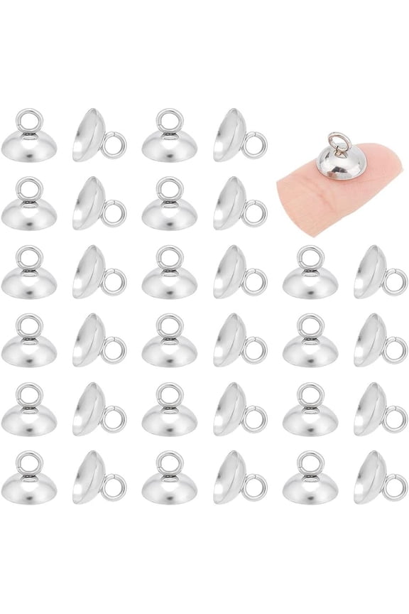 100Pcs 201 Stainless Steel Bead Cap Pendant Bails Ball Pendant End Cap Metal Dangle Charm Bead Pendant Connector Findings Bails for Globe Glass Cover Pendant Making Hole 3mm