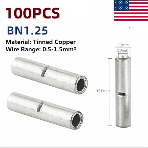 100Pcs 22-16AWG Bare Copper Ferrule Butt Wire Connectors Crimp Splice Terminals