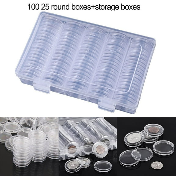 100Pcs 25mm Round Coin Capsule Holder Box Plastic Box Container with Storage