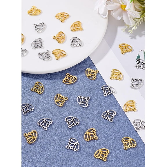 100Pcs 2Colors Lotus Charms Pendants 14x16x1.4mm Alloy Lotus Flower Hollow Charms Craft Supplies with 1.5mm Hole for DIY Necklace Bracelet Jewelry Making Crafting Accessory Silver Golden