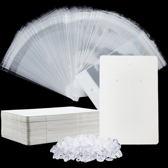 100Pcs 3.5 x 2.4 Inch White Earring Cards Jewelry Card Display with One Pair Hole Bags Plastic Ear Nuts Rectangle Paper Cardboard Kits for Packaging Selling Display Jewelry Necklace Earrings DIY