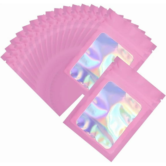 100Pcs 3 x 4 Ziplock Foil Bags Holographic Small Gift Bag Bulk Resealable Smell Proof Plastic Iridescent Sample Packing Zip Pouch for Party Favor Food Cookies Jewelry Snack Storage Packaging