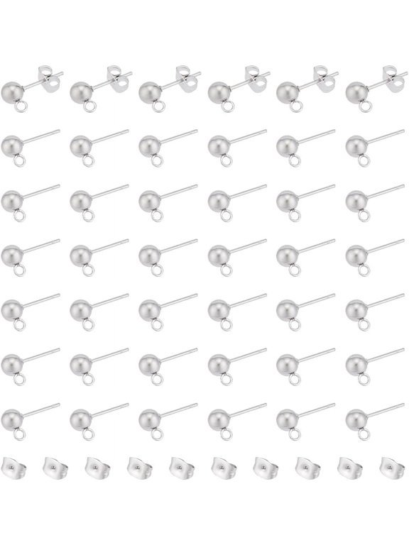 100Pcs 304 Stainless Steel Ball Post Stud Earring Findings with Loop and Pin 100Pcs Stainless Steel Ear Nuts Stainless Steel Color 6~16x4.5~8x3~5mm