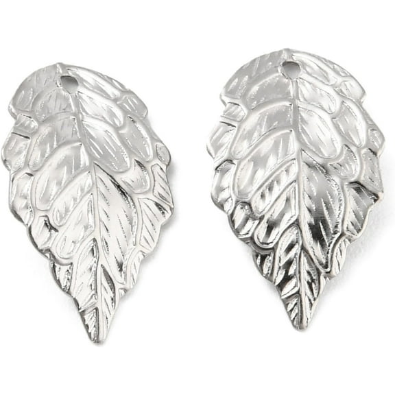 100Pcs 304 Stainless Steel Beads Non-Tarnish Leaf Charm Stainless Steel Color Pendant Jewel for Women DIY Necklace Bracelet Earring Jewelry Craft Making 17.5x10x2.5mm Hole: 1mm