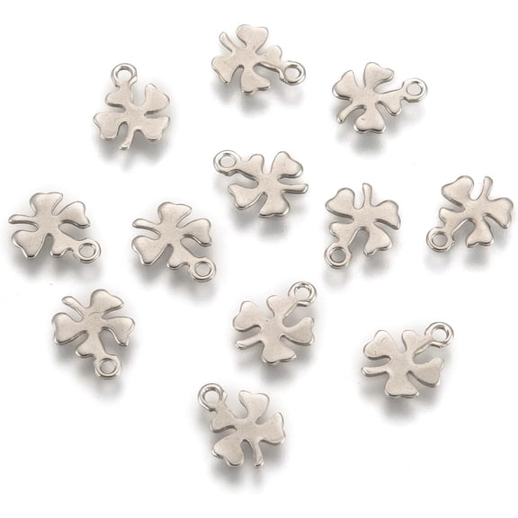 100Pcs 304 Stainless Steel Charms Four Leaves Clover Pendants Stainless Steel Color for Women Birthday Festival Elegant Gifts Personalized Jewelry 10x8x1mm Hole: 1mm Stainless Steel Color