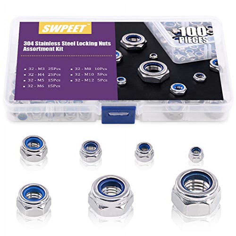 100Pcs 304 Stainless Steel Metric Lock Nut Assortment Kit Perfect for