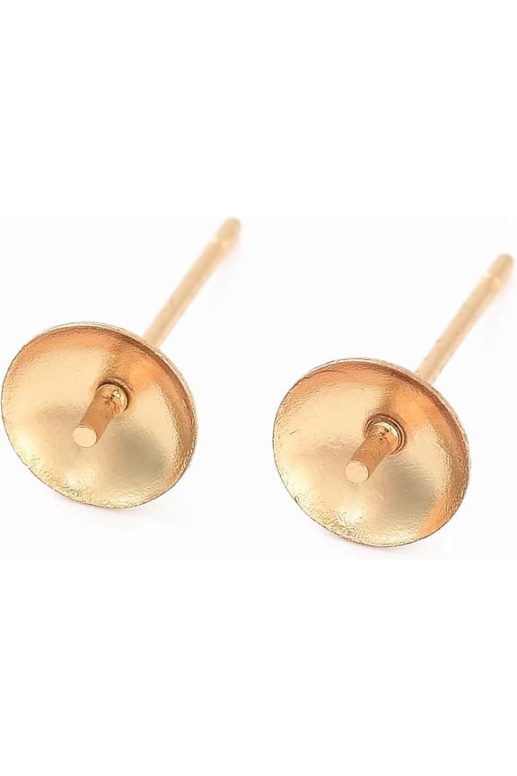 100Pcs 304 Stainless Steel Stud Earring Findings 24K Gold Plated Round Pearl Cup Stud Settings for DIY Half Drilled Bead Jewellery Earring Making Findings
