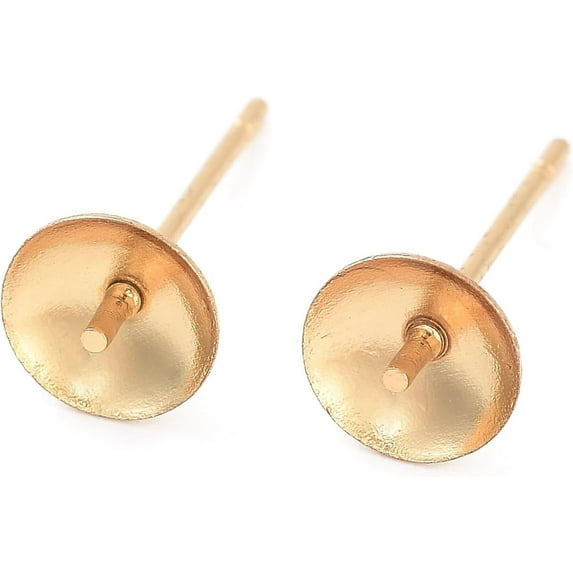 100Pcs 304 Stainless Steel Stud Earring Findings 24K Gold Plated Round Pearl Cup Stud Settings For Half Drilled Bead Jewellery Earring Making Findings