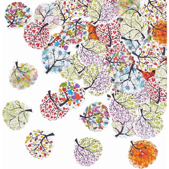 100Pcs 30mm Wooden Buttons Wood Decorative Button Tree Painted Button 2-Hole Vintage Wood Buttons Wood Sewing Buttons DIY