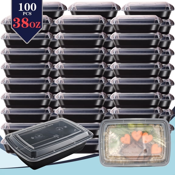 100Pcs 38oz Rectangular Meal Prep Containers, 50 Boxes with 50 Lids, Stackable Leakproof Black Disposable Bento Boxes, Microwave Dishwasher Freezer Safe for Takeout