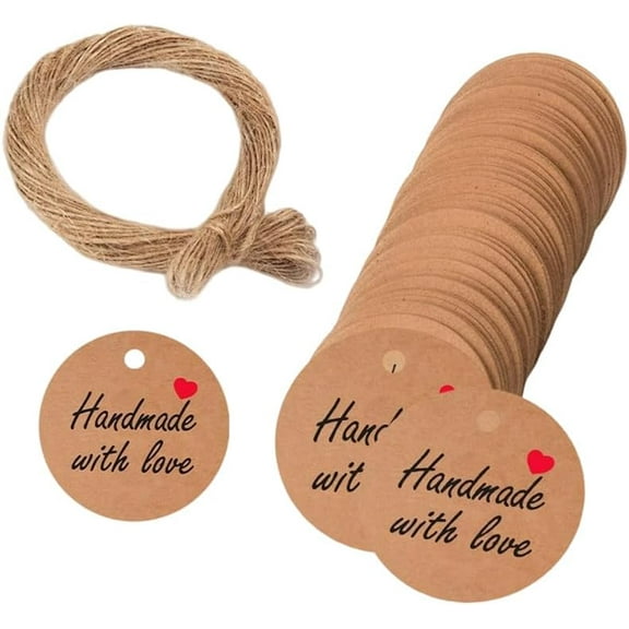 100Pcs 3cm Kraft Paper Gift Wrap Tags Flat Round Brown Hang Price Tags with Hemp Rope Word Handmade with Love