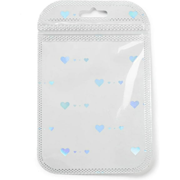 100Pcs 3x5 inch Rectangle Glitter Holographic Plastic Zip Lock Gift Bags Self Sealing Reusable Package Pouches for Pen Keychain Watch Storage White Heart Thickness: 2.7 Mil(0.07mm) for DIY