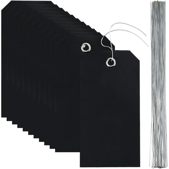 100Pcs 4.7 x 2.4 Inch Black Hanging Tags Waterproof Shipping Tags Blank Rectangle Plastic PVC with Eyelet Iron Wire Identification Labels Kit for Hanging Name Retail Card Handbag Luggage Gift