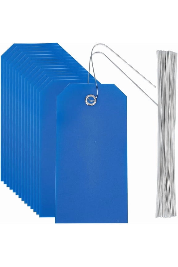 100Pcs 4.7 x 2.4 Inch Blue Hang Tag String Blank Shipping Tags Rectangle Waterproof Plastic PVC Eyelet Identification Name Labels Kit with Iron Wire for Hanging Name Card Handbag Luggage Gift