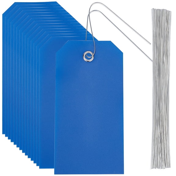 100Pcs 4.7 x 2.4 Inch Blue Hang Tag String Blank Shipping Tags Rectangle Waterproof Plastic PVC Eyelet Identification Name Labels Kit with Iron Wire