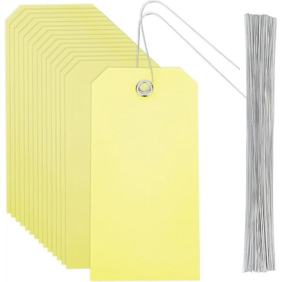 100Pcs 4.7 x 2.4 Inch Yellow Shipping Tag Blank Waterproof Plastic Tags Rectangle with Iron Wire PVC Eyelet Hang Identification Name Labeling Kit