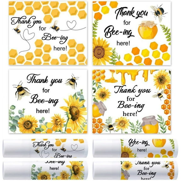 100Pcs 4 Styles Bee Lip Balm Labels Stickers 2.1x1.7 inch Self-Adhesive Favor Lip Balms Bee Honeycomb Stickers with Thank You Words for Lipstick Wrapping Decorations Birthday Party Supplies DIY