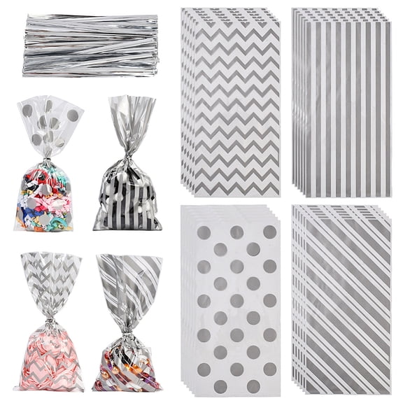 100Pcs 4 Styles Rectangle Plastic Candy Bags Cookie Cellophane Bag with Twist Tie Silver 270x130x0.1mm 25pcs/style