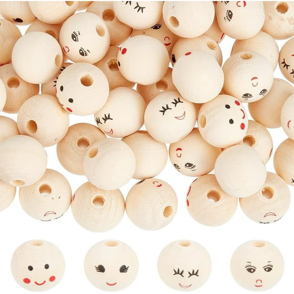 100Pcs 4 Styles Smile Wooden Beads 20mm Natural Wood Beads Round Ball Doll Head Beads with 4.7mm Hole Laughing Face Printed Loose Beads for DIY Craft Jewelry Making Christmas Decorations