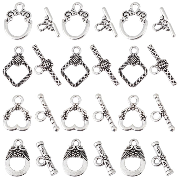 100Pcs 4 Styles Tibetan Style Alloy Toggle Clasps Lead Free & Cadmium Free Mixed Shapes Silver 18.5~21x11~15mm Hole: 1.8~3mm 25pcs/style
