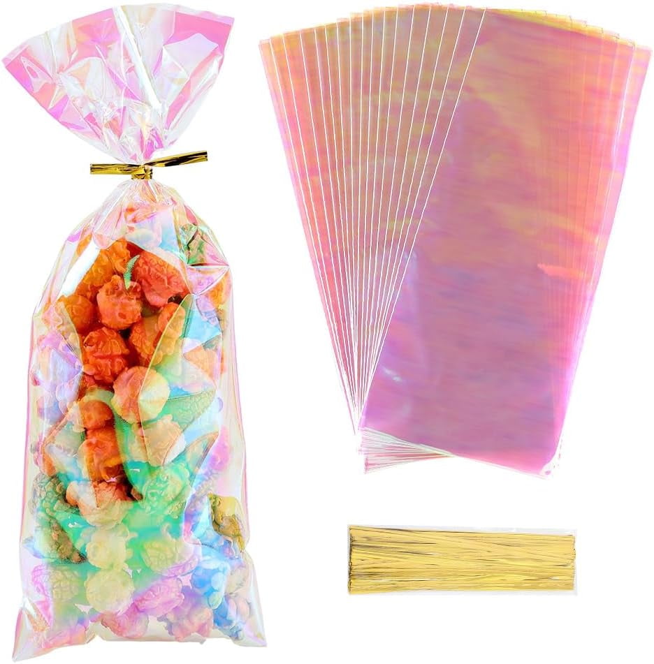 100Pcs 4 x 10 Inch Cellophane Bags Clear bags with Ties Holographic Iridescent Pink Plastic Favor Pouch for Party Gifts Wedding Candy Popcorn Cookies Packing Valentine Snack Packet