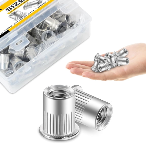 100Pcs 5/16 Nut Rivet Nuts, 304 Stainless Steel Flat Head RIV Nuts Rivets Nutsert, 5/16-18 Nut Threaded Inserts Rivnuts, Hardware Nuts Rivnuts Threaded Inserts for Metal by