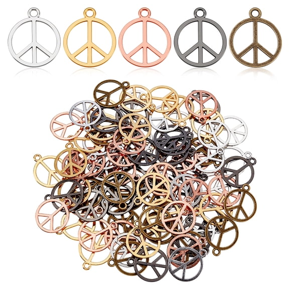 100Pcs 5 Colors Alloy Peace Symbol Charms Peace Sign Beads Pendants Peaces Logo Flat Round Hollow Metal Symbol Charms