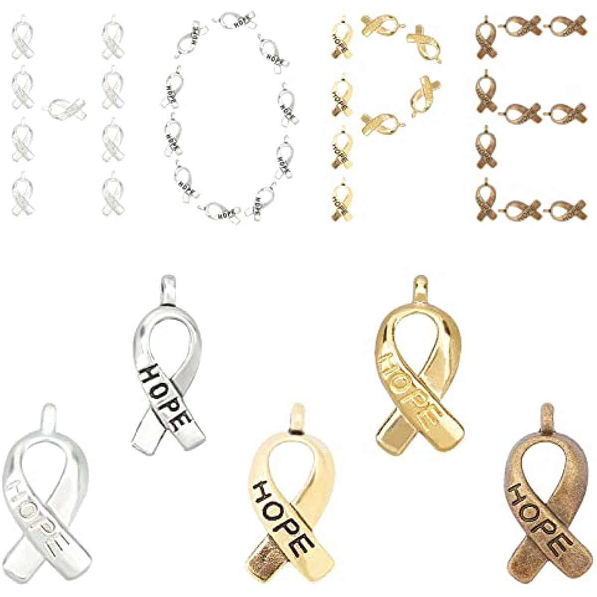100Pcs 5 Colors Hope Ribbon Breast Charms Vintage Angel Breast Cancer ...