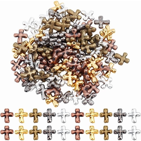 100Pcs 5 Colors Tibetan Style Beads Alloy Easter Crucifix Spacer Beads Metal Loose Spacer Charm Bead Bulk
