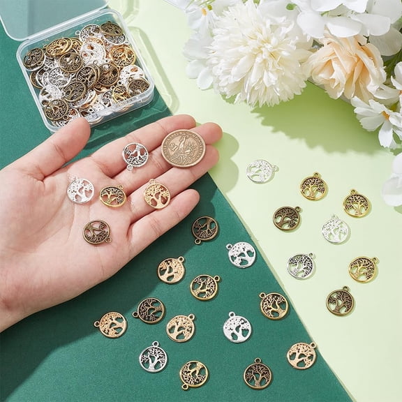 100Pcs 5 Colors Tree of Life Charms Round Charms with Tree of Life Pendants with Loop Metal Bracelets Charms Hollow Charms for Earring Necklace Jewelry Making