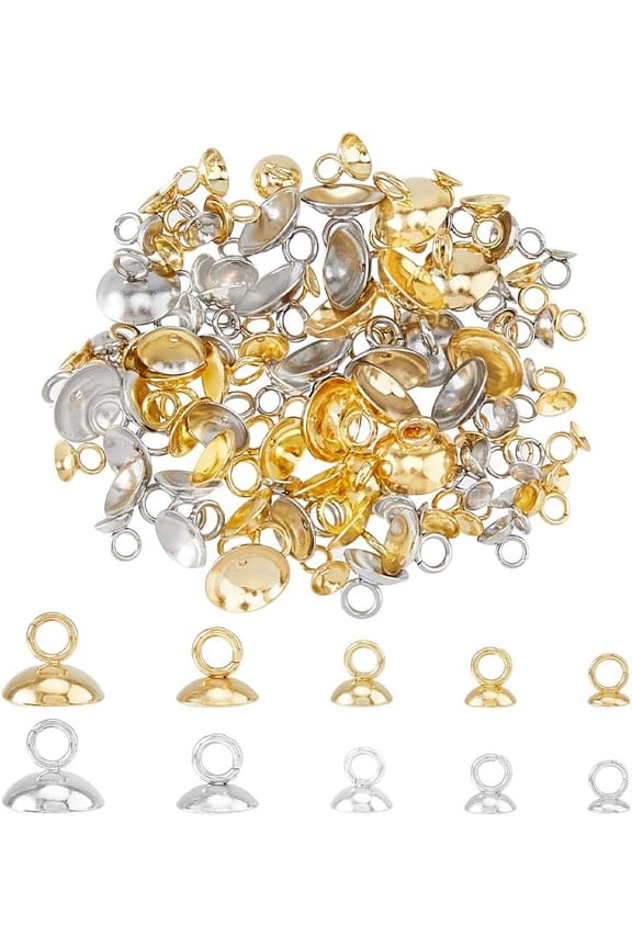 100Pcs 5 Sizes Bead Cap Bails 4-10mm 18K Gold Plated Round Bail Clasps Pendant Connector Bails Stainless Steel Pendant Caps with Loops