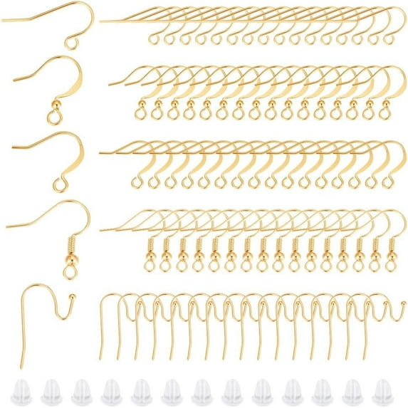 100Pcs 5 Style Earring Hooks 18K Gold Plated French Ear Wires Fish Hook Earring Findings with Loop 100Pcs Ear Nuts