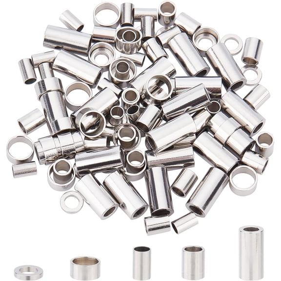 100Pcs 5 Style Spacer Beads Stainless Steel Color Tube Beads 304 Stainless Steel Round Ring Stopper Beads 2.5-5mm Hole Loose Beads Small Hole Beads