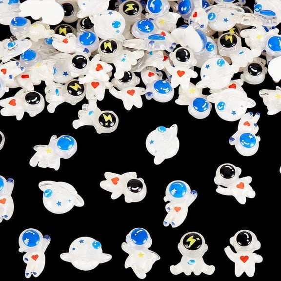 100Pcs 5 Styles Space Theme Translucent Resin Cabochons Planet & Spaceman Shape Mixed Color 18.5~27x16.5~26x7.5~8.5mm 20pcs/style
