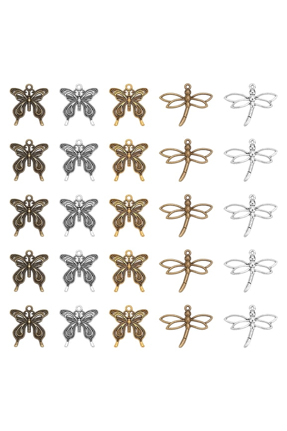 100Pcs 5 Styles Tibetan Style Pendants Cadmium Free Lead Free Dragonfly Mixed Color 20pcs/style