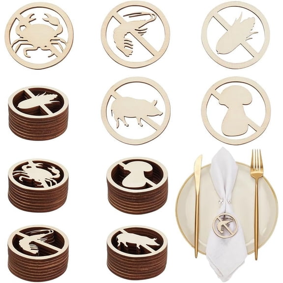 100Pcs 5 Styles Unfinished Wood Plate Decor Wood Cutout Place Cards Signs 1.9 Inch Round Hollow "No"Food Table Sign for Restaurant Wedding Party Supplies Beige