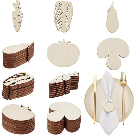 100Pcs 5 Styles Unfinished Wood Plate Decor Wood Cutout Place Cards Signs 1.9 Inch Vegetables Theme Wood Cutouts for Menu Recipe Food Table Sign for Restaurant Wedding Party Supplies Beige DIY