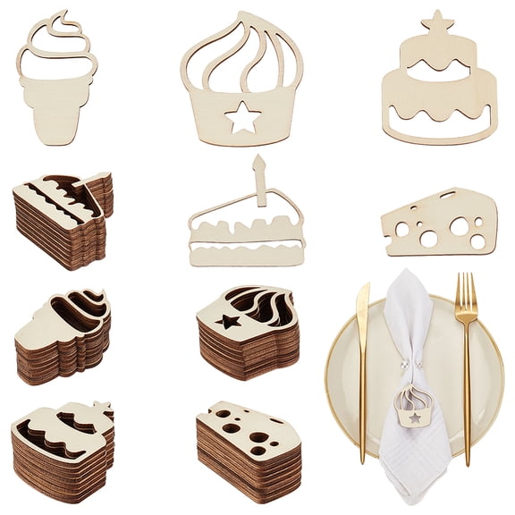 100Pcs 5 Styles Unfinished Wooden Cutouts for Menu Recipe Dessert Series Food 2.9~4.95x2.9~4.9x0.3cm 20pcs/style