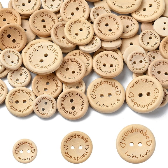 100Pcs 5 Styles Wooden Buttons 2-Hole Flat Round with Word Handmade with Love Blanched Almond 15~25x3~4mm Hole: 2mm 20pcs/style