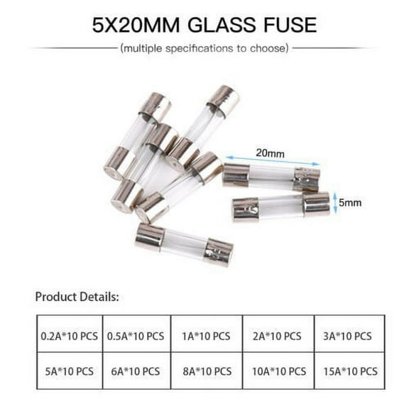 100Pcs 5X20Mm Quick Blow Electrical Glass Fuses Fast-Blow Acting Assorted Kit YIWEI