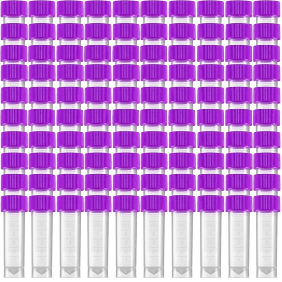 100Pcs 5ml Purple Lab Plastic Frost Test Tubes Vial Seal Cap, Graduated Marks Centrifuge Tubes Skirted Conical Bottom for Laboratory School Educational