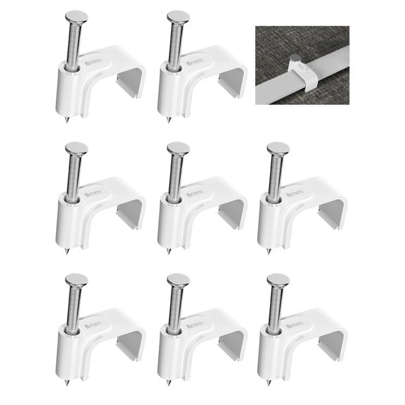 100Pcs 7.5mm Cable Clips with Nails, Custom Fit for Cat6 Flat Ethernet Cable, Wall Wire Tacks for RJ45 LAN, Coax, Speaker, and Network Cables