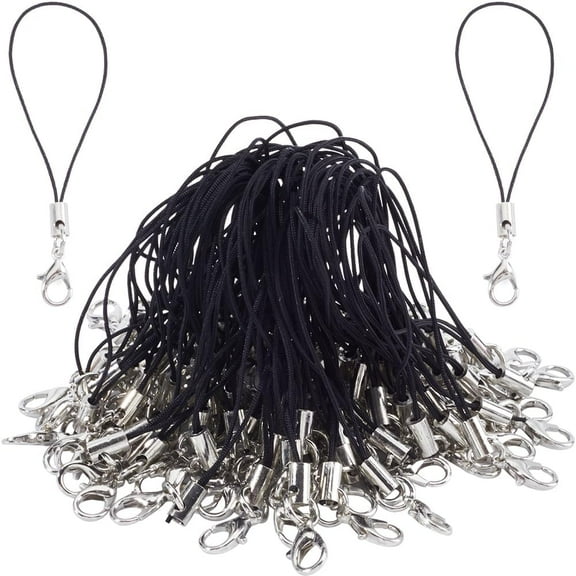 100Pcs 70mm Phone Keychain Strap Tone Split Ring Cords Black Polyester Mobile Cellphone Charms Lanyard String with Sliver Lobster Clasp for Mobile Phone Lariat USB DIY Crafts Decorations